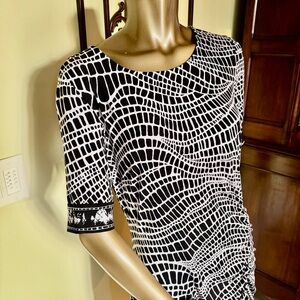 MACYS L New ECI Monochrome Geometric Rushed Dress Body Hugging Large Black White